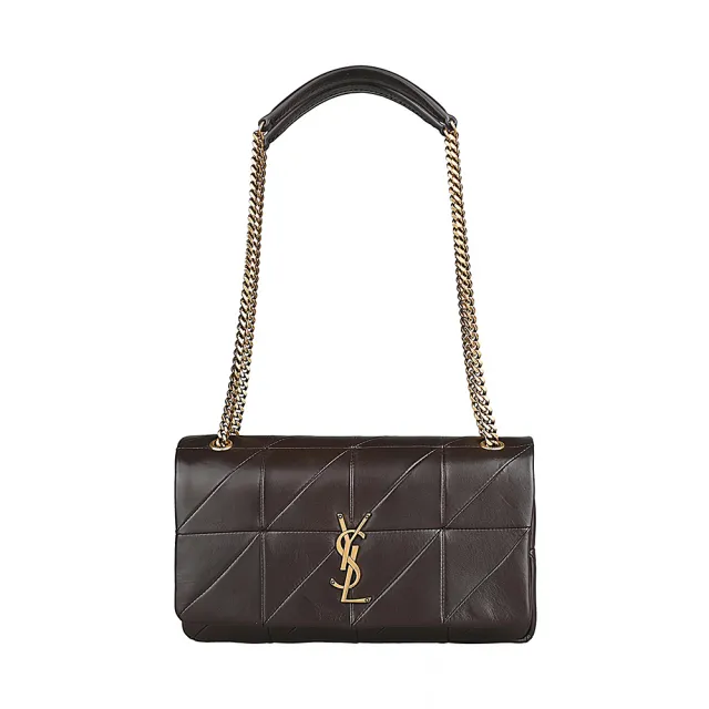 【YSL】YSL SAINT LAURENT JAMIE立體金屬字母 LOGO 絎縫設計小羊皮扣式金鏈帶側背/斜背包(中型/深棕)