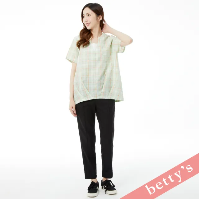 【betty’s 貝蒂思】假兩件格紋V領壓摺上衣(淺綠)