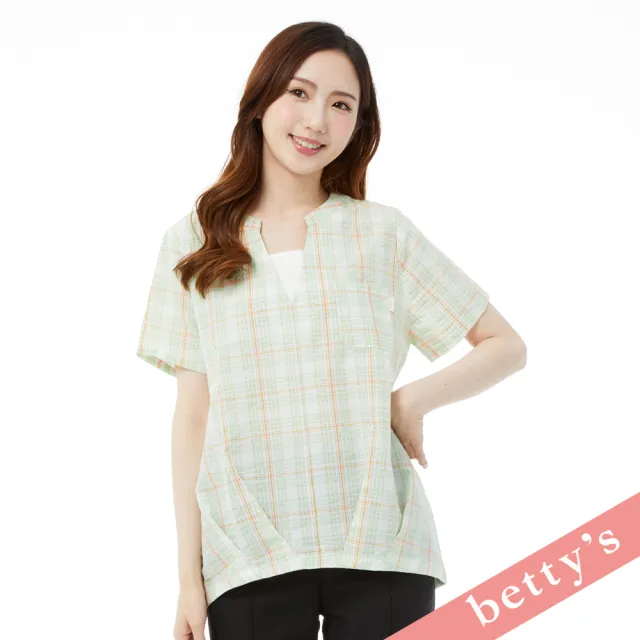 【betty’s 貝蒂思】假兩件格紋V領壓摺上衣(淺綠)