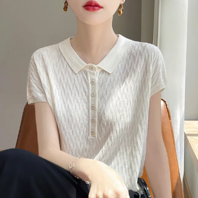 【LANNI 藍尼】★菱形提花純色POLO針織上衣(上衣/女裝/T恤/休閒/百搭/通勤/日系)