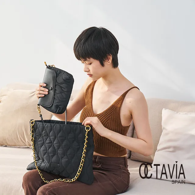 【OCTAVIA 8】雙11 OCTAVIA 8 真皮 -  小姐好正 尼龍鋪棉車線雙包組鍊條肩背包 - 柔軟黑(OCTAVIA