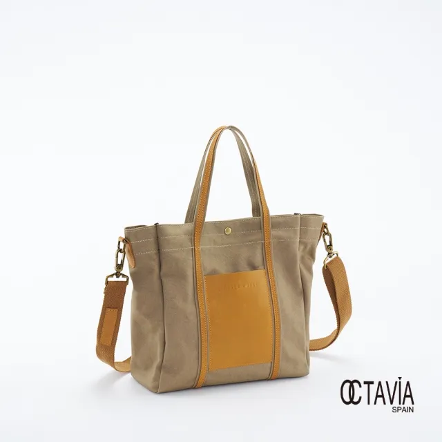 【OCTAVIA 8】雙11 OCTAVIA 8 - 小哆啦 牛皮口袋 厚磅基本款手提肩背帆布包 - 拉拉卡其