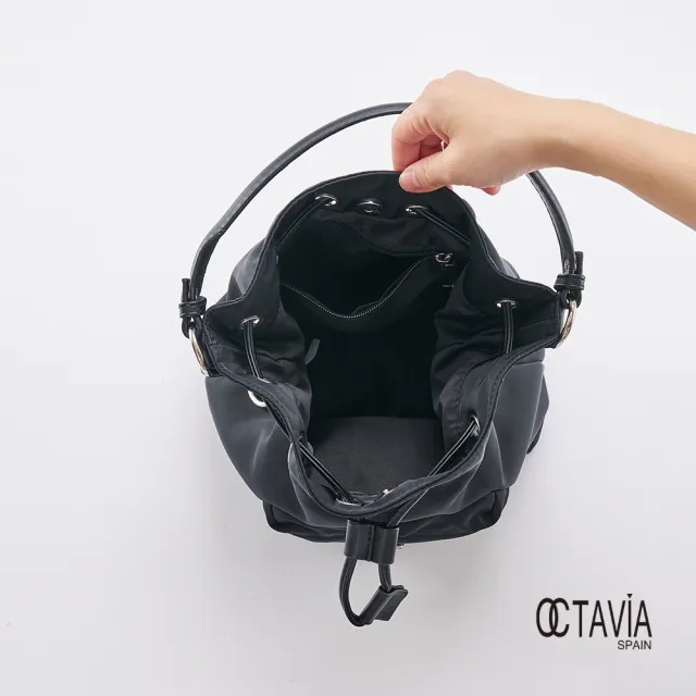 【OCTAVIA 8】雙11 OCTAVIA 8 真皮 -  大人空氣感 尼龍束口肩斜二用水桶包 -舒壓黑