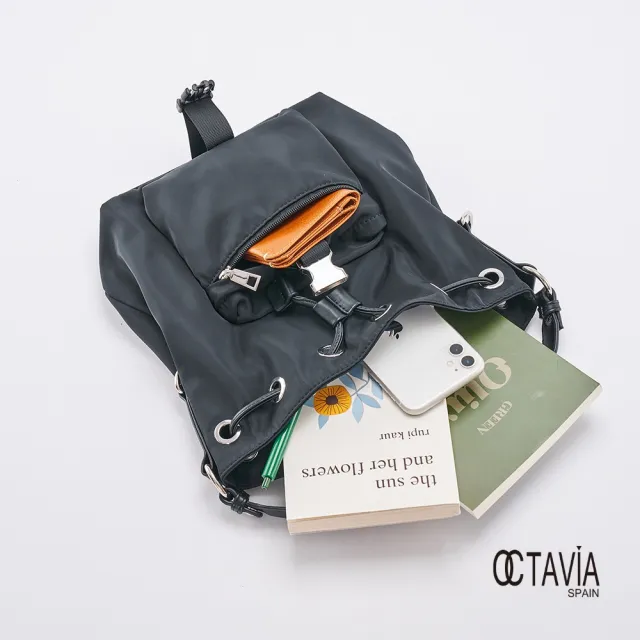 【OCTAVIA 8】雙11 OCTAVIA 8 真皮 -  大人空氣感 尼龍束口肩斜二用水桶包 -舒壓黑