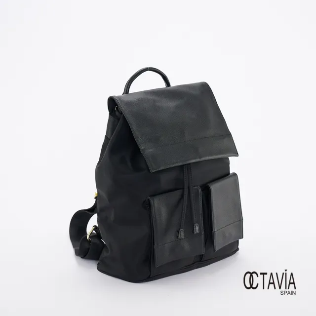 【OCTAVIA 8】雙11 OCTAVIA 8 真皮 -  黑色魅力 尼龍配皮束口大口袋後背包 - 愛書黑