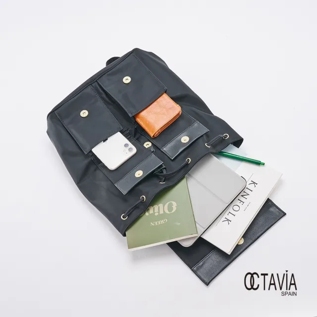 【OCTAVIA 8】雙11 OCTAVIA 8 真皮 -  黑色魅力 尼龍配皮束口大口袋後背包 - 愛書黑