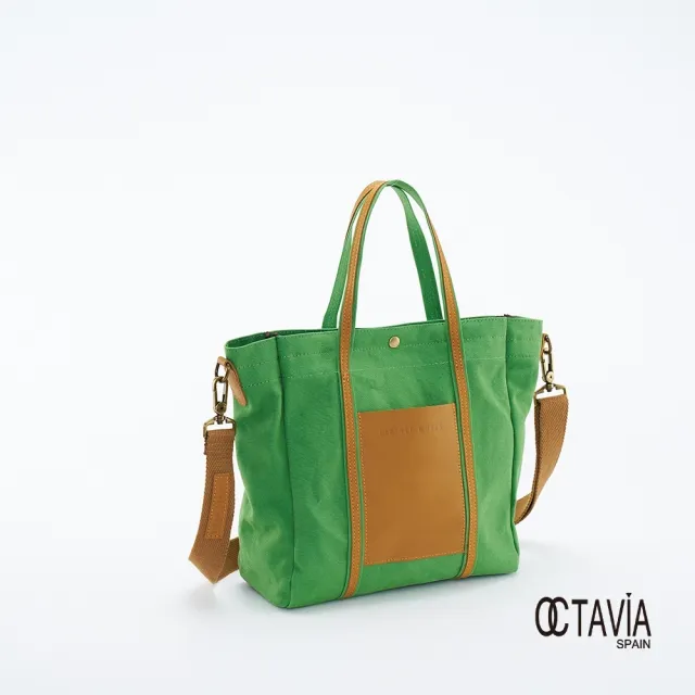 【OCTAVIA 8】雙11 OCTAVIA 8 - 小哆啦 牛皮口袋 厚磅基本款手提肩背帆布包 - 拉拉青綠