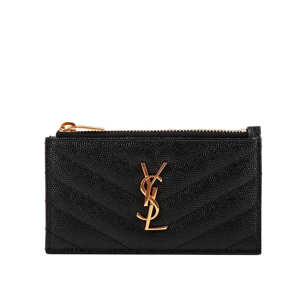 【YSL】山形紋荔枝皮金字Logo拉鍊卡片/零錢夾(黑色)