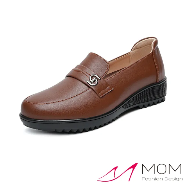 【MOM】真皮樂福鞋 坡跟樂福鞋/真皮典雅百搭金屬釦坡跟樂福鞋(棕)