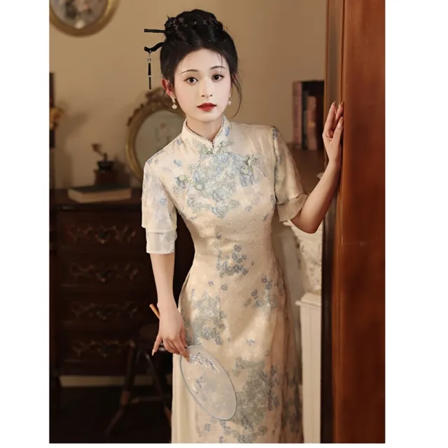 【巴黎精品】現貨+預購 女新中式旗袍連身裙改良旗袍A字裙長裙大碼洋裝休閒大尺碼女裝(立領雪紡刺繡a1gc2)