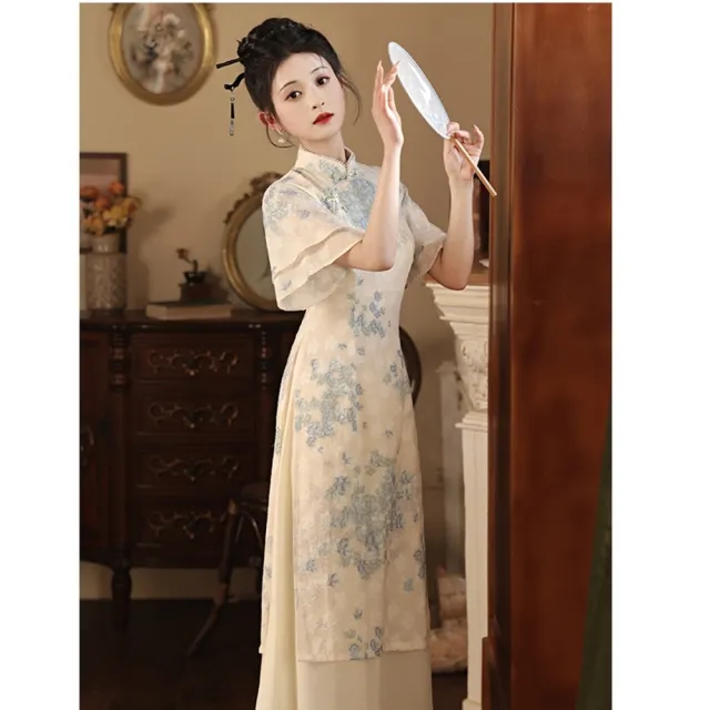 【巴黎精品】現貨+預購 女新中式旗袍連身裙改良旗袍A字裙長裙大碼洋裝休閒大尺碼女裝(立領雪紡刺繡a1gc2)