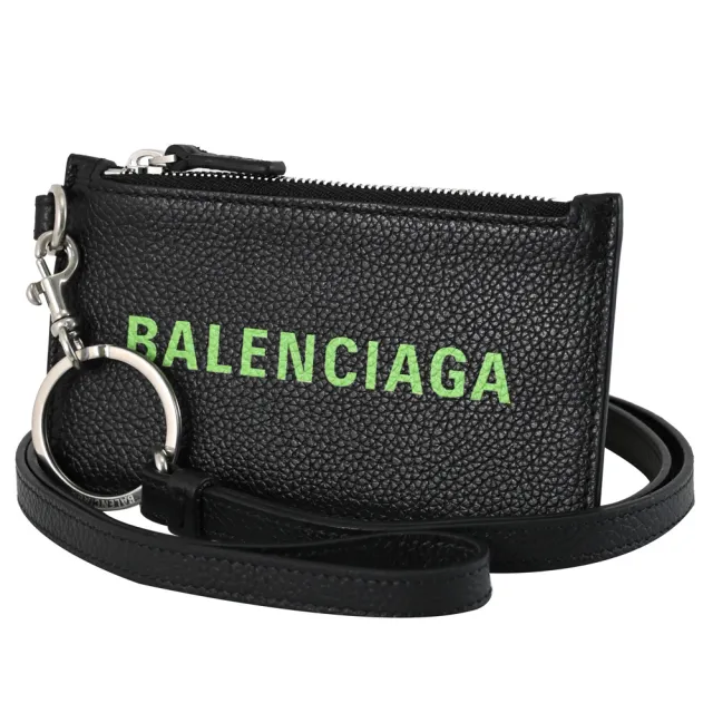 【Balenciaga 巴黎世家】簡約品牌LOGO斜背頸掛牛皮信用卡證件零錢包(黑/綠)