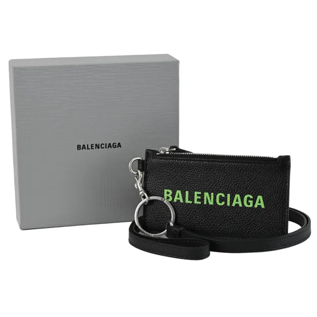 【Balenciaga 巴黎世家】簡約品牌LOGO斜背頸掛牛皮信用卡證件零錢包(黑/綠)