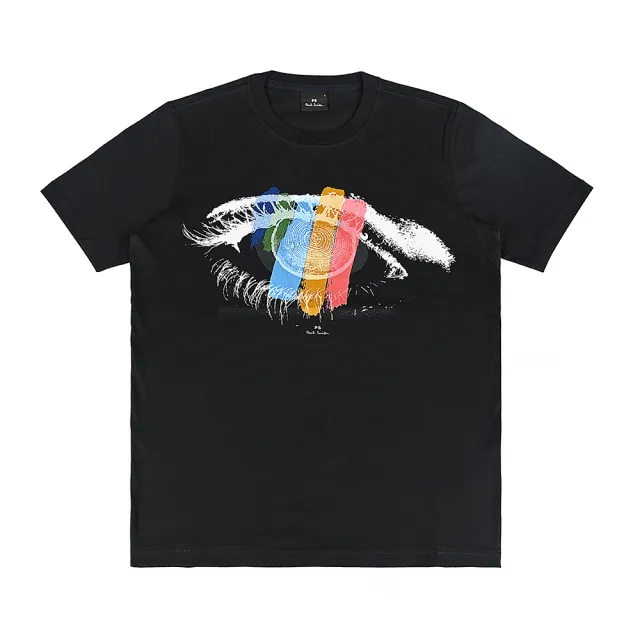 【Paul Smith】PAUL SMITH燙印LOGO彩色條紋眼睛有機純棉短袖T恤(男款/黑x白)