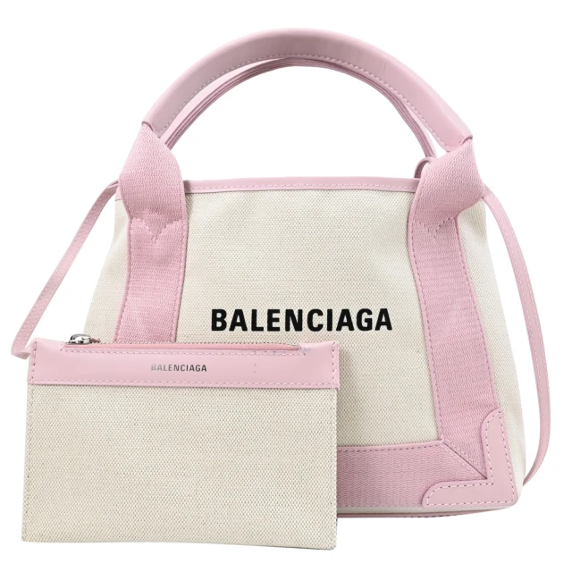 Balenciaga 巴黎世家 NAVY CABAS XS 經典品牌LOGO棉麻布手提斜背兩用包(白粉)