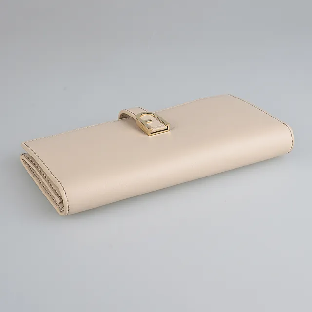 【FURLA 芙拉】Flow淡金拱門金屬LOGO小牛皮扣帶長夾(燕麥白)