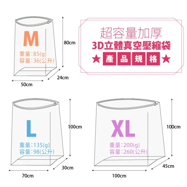 【FL 生活+】9件超值組-中+大+特大-直立式立體真空壓縮袋組(可重覆使用/衣物/棉被/FL_019+FL_020+FL_021)