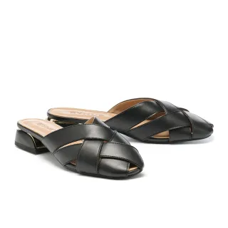 【BYHUE】簡約質感純色編織羊皮軟芯低跟穆勒拖鞋(黑)