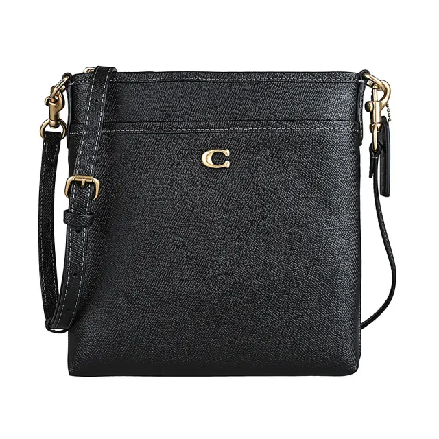 【COACH】COACH Kitt金屬C LOGO鵝卵石紋防刮皮革拉鍊斜背包(黑)