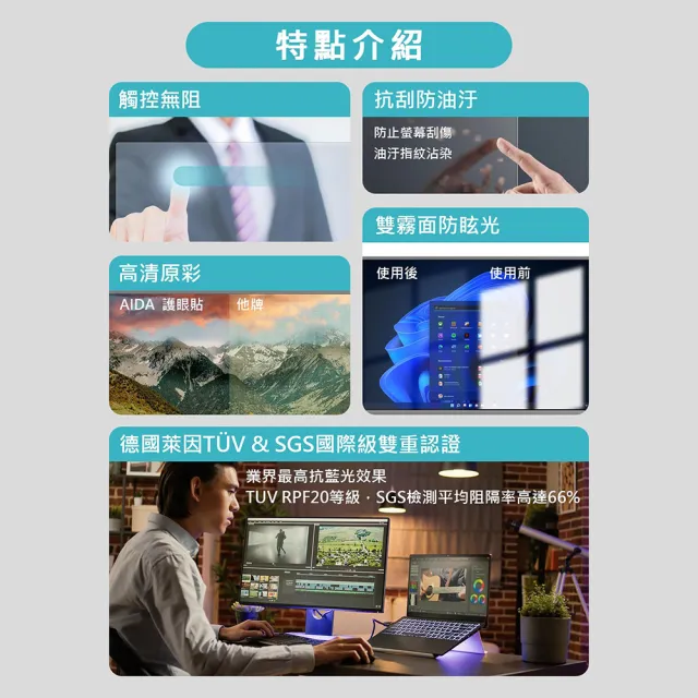 【AIDA】15.6吋  16:9   筆記型電腦 抗藍光片(德國萊茵TUV｜國際SGS認證)