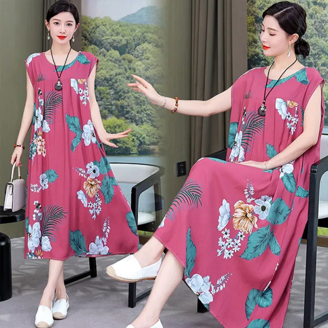 【K.W.】春季新品快速出貨熱賣夏玫紅花版棉綢親膚洋裝(韓國洋裝  中大尺碼)