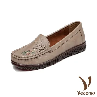 【Vecchio】真皮樂福鞋 牛皮樂福鞋/真皮頭層牛皮復古燙鑽花朵休閒樂福鞋(杏)