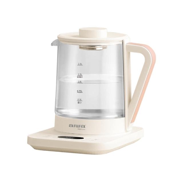 AIWA 愛華 AW-KC150 電熱水壺，容量1-2公升，採用高硼砂玻璃內膽耐高溫耐用。電壓110V、頻率60Hz，消耗功率500-600W，尺寸232x210x275mm，重量僅1.8kg。中國製造，享1年保固，BSMI許可字號R38456。適閤家庭辦公快速煮水，安全高效，SEO最佳化熱銷款式。