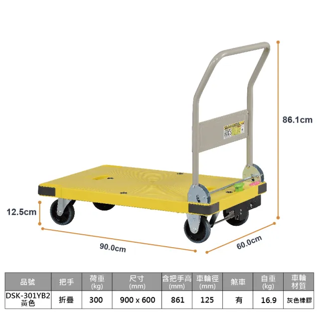 【NANSIN 南星】樹脂手推車DSK-301B2/黃色(推車/折疊推車/摺疊手推車/折疊手推車/摺疊推車/輕便推車)