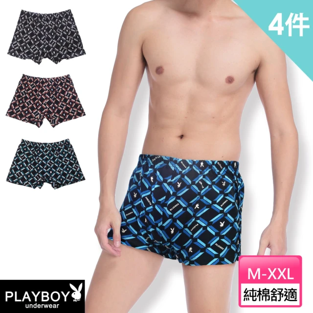 PLAYBOY 4件組 箭頭兔印花針織四角褲-廠出(100%純棉/吸濕排汗/四角內褲/男內褲)