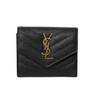 【YSL】SAINT LAURENT Cassandre 荔枝皮 皮革 三折開釦 短夾 卡夾 零錢包 黑色 金色 403943