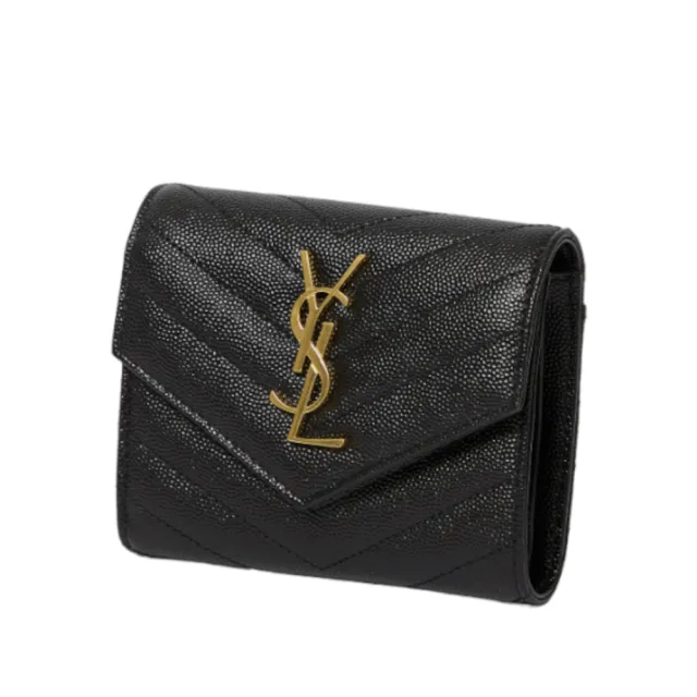 【YSL】SAINT LAURENT Cassandre 荔枝皮 皮革 三折開釦 短夾 卡夾 零錢包 黑色 金色 403943
