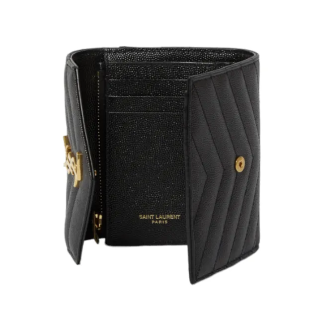 【YSL】SAINT LAURENT Cassandre 荔枝皮 皮革 三折開釦 短夾 卡夾 零錢包 黑色 金色 403943