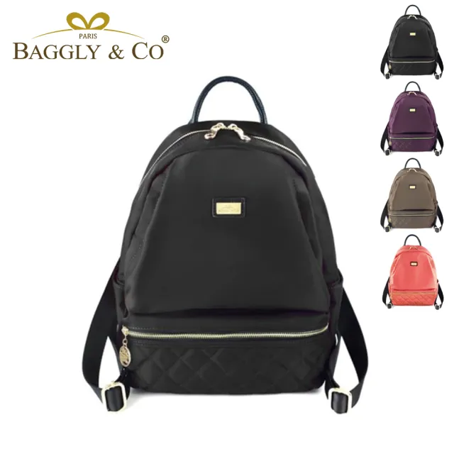 【BAGGLY&CO】雙11 多隔層菱格紋真皮尼龍防盜後背包(真皮包包 黑色/卡其色)