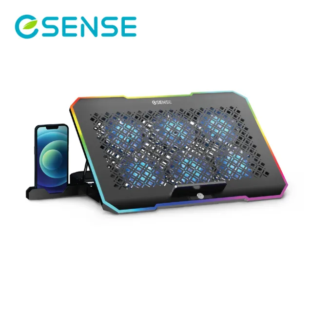 【ESENSE 逸盛】G12 RGB 極靜電競筆電散熱墊(17吋以下適用/6顆風扇/雙USB插槽/附手機支架)