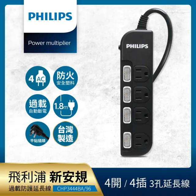 【Philips 飛利浦】過載防護型 4開4插3孔延長線 1.8米 黑白2色任選(2入組)