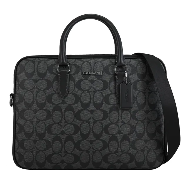 【COACH】經典C字LOGO印花手提包商務公事包兩用包(黑灰)