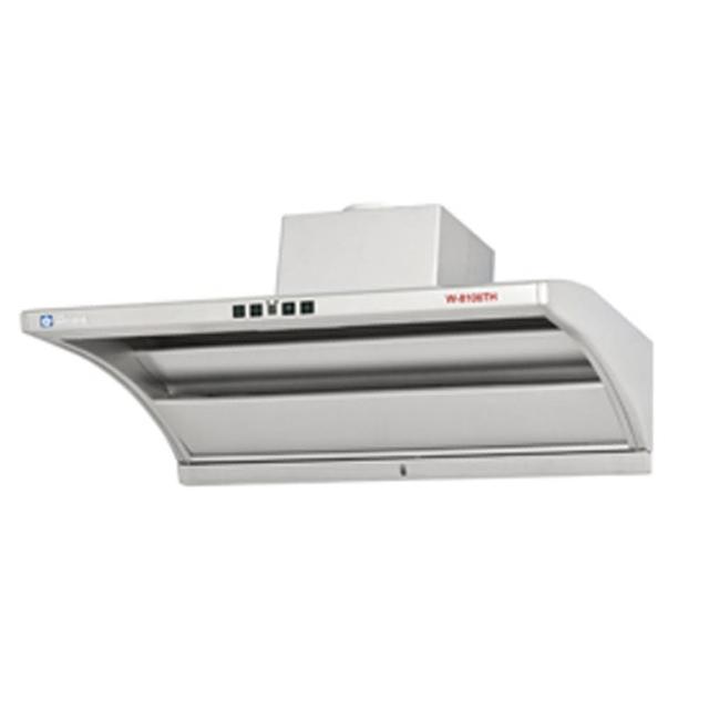 五聯牌 W-9106TH 斜背式深罩式抽油煙機，採用不鏽鋼材質，電子式開關設計，適用電壓 110V/60Hz。本產品提供新北市、臺北市、基隆市市區基本安裝及運送服務，山區較偏遠地區可配送，其他縣市僅提供運送服務，無安裝。