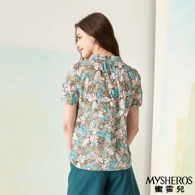 【MYSHEROS 蜜雪兒】純棉造型襯衫上衣 排釦滿版印花(綠)