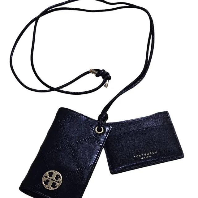 【TORY BURCH】TORY BURCH Willa 金色圓牌LOGO菱格紋掛繩卡片夾(贈原廠紙袋)