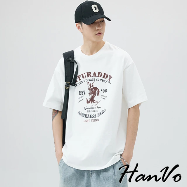 HanVo 現貨 男款美式印花寬鬆純棉T(透氣吸濕排汗潮流上衣 韓系男裝 男生衣著 B1105)