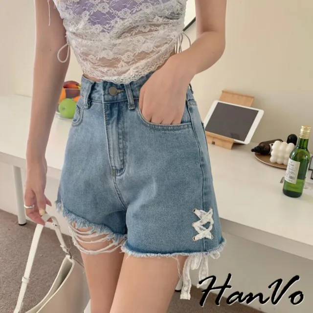【HanVo】現貨 側邊蕾絲綁帶牛仔短褲(氛圍感甜美高腰闊腿褲 甜辣A字褲 女生衣著 A03-2106)
