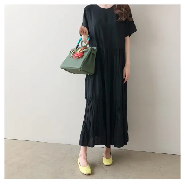 【ASister 小姊姊】AS0498#長洋裝☆短袖*圓領下襬褶皺*文藝A字顯瘦連身裙(4色_M-2XL)