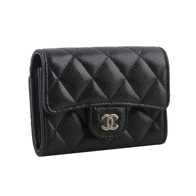 【CHANEL 香奈兒】金色CC Logo 粒紋牛皮翻蓋拉鍊卡片夾/卡包(黑色)