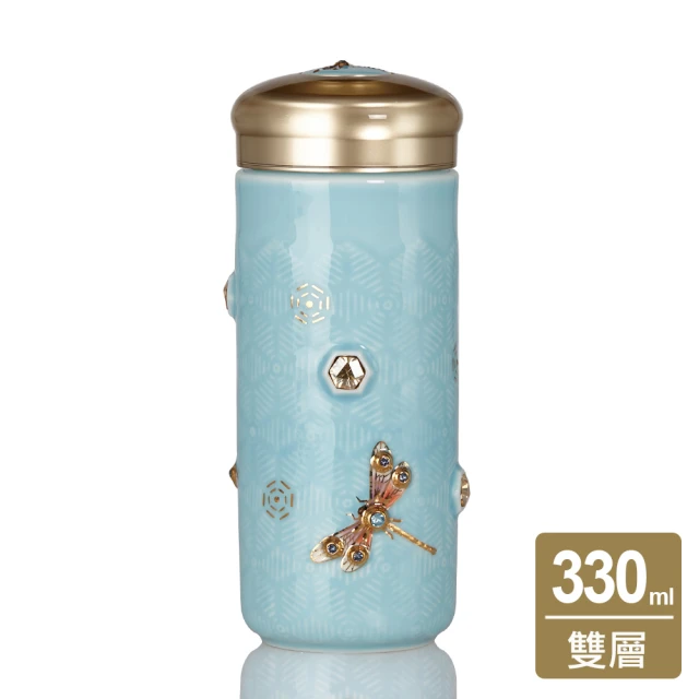 乾唐軒 吉星蜻投意合陶瓷隨身杯 330ml(大 / 雙層 / 彩金+水晶 / 2色)