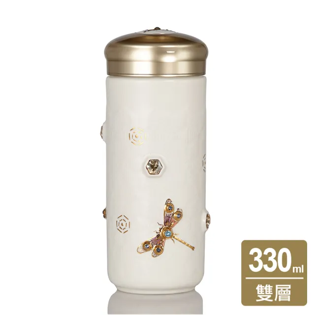 【乾唐軒】吉星蜻投意合陶瓷隨身杯 330ml(大 / 雙層 / 彩金+水晶 / 2色)