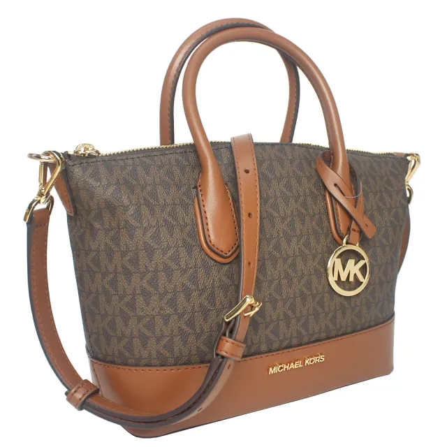【Michael Kors】金字圓標滿版MK LOGO手提/斜背兩用包(咖)