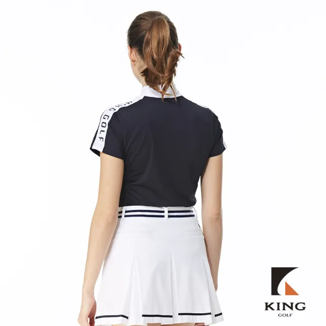 【KING GOLF】實體同步款-女款肩線撞色拼接設計透氣涼感蜜桃領小立領開襟短袖POLO衫/高爾夫球衫(丈青色)