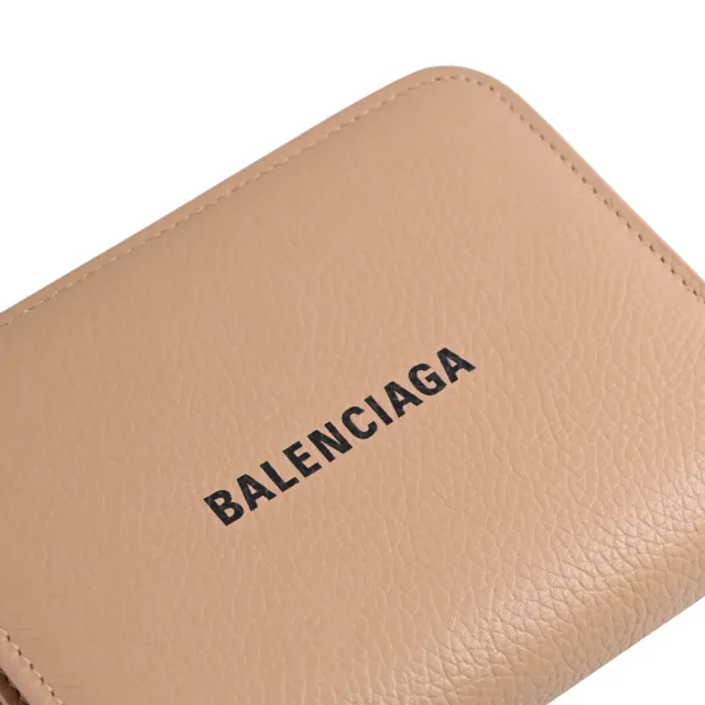 【Balenciaga 巴黎世家】簡約經典品牌LOGO小牛皮雙面寬版零錢中短夾(淺咖)