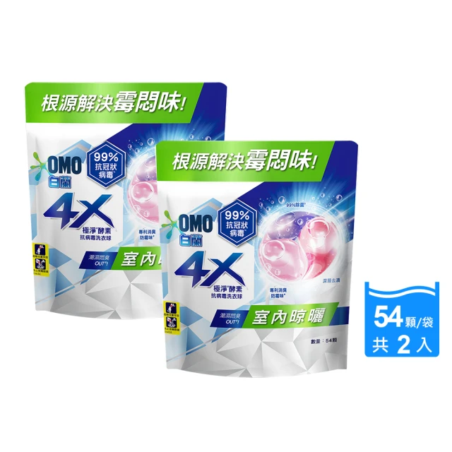 白蘭 4X極淨酵素抗病毒洗衣球袋裝54顆x2包/共108顆(54顆/袋裝)