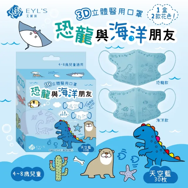【艾爾絲】兒童3D立體醫用口罩30入/盒(恐龍與海洋朋友 兒童最愛 4色可選)